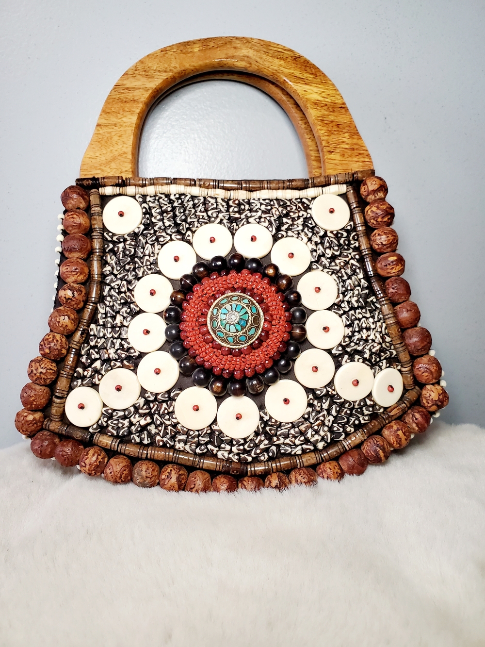 RARE TIBETAN REFUGEE HAMEMADE ARTISAN PURSE Embellished Wooden Handle Unique